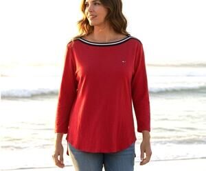 Tommy Hilfiger Top SZ 2XL Red w/ Black White Strip Across Shoulders Logo Preppy